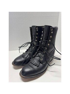 Justin Mens Black Pebbled Leather Lace Up Kiltie Roper Boots 522 USA 7.5 C